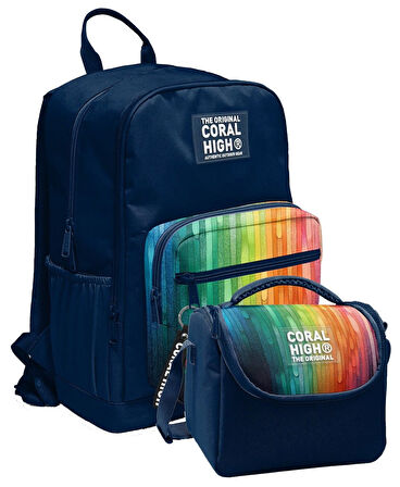 Coral High İlkokul ve Ortaokul Sırt Çantası ve Beslenme Seti - Erkek Çocuklar İçin Lacivert Çok Renkli Çizgi Desenli