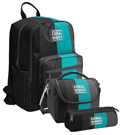 Coral High İlkokul ve Ortaokul Okul Çanta Üçlüsü - Erkek Çocuk, Siyah Turkuaz Çizgili