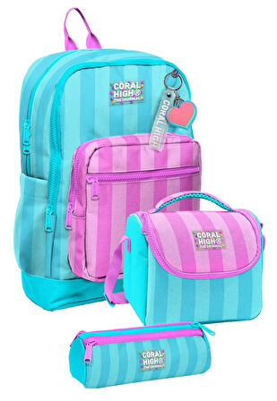 Coral High İlkokul Üçlü Okul Başlangıç Çanta Seti - Turkuaz Pembe Çizgili, Kız Çocuk