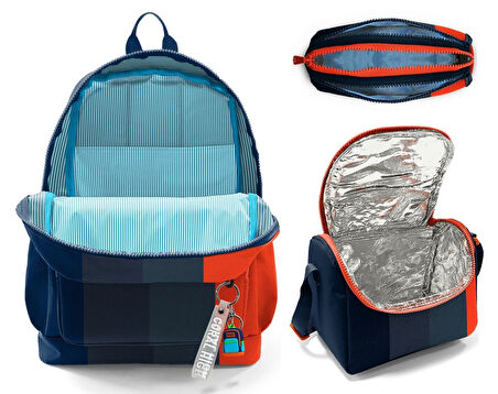 Coral High İlkokul Üçlü Okul Başlangıç Çanta Seti - Siyah Turuncu Renkli Çizgili, Erkek Çocuk