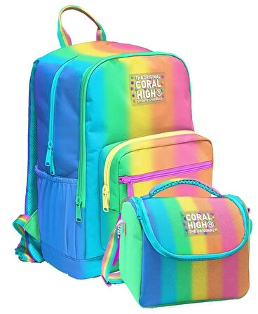 Coral High İlkokul ve Ortaokul Sırt Çantası ve Beslenme Seti - Kız Çocuklar İçin Renkli Çizgili Mavi Turuncu