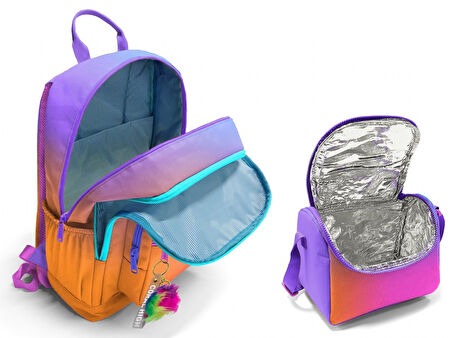 Coral High İlkokul ve Ortaokul Sırt Çantası ve Beslenme Seti - Kız Çocuklar İçin Turuncu Mor Renk Geçişli