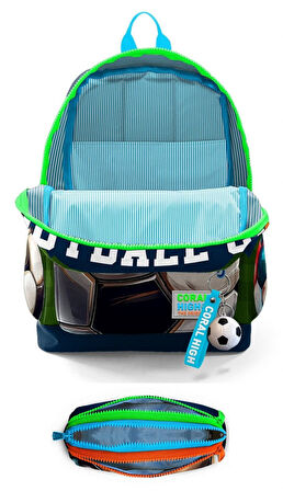 Coral High İlkokul Erkek Çocuklarına Özel Dört Gözlü Sırt Çantası ve Kalemlik Seti- Lacivert Yeşil Futbol