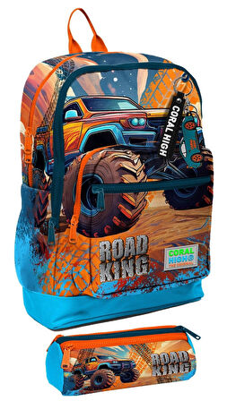 Coral High İlkokul Erkek Çocuklarına Özel Dört Gözlü Sırt Çantası ve Kalemlik Seti- Mavi Turuncu Arazi Aracı