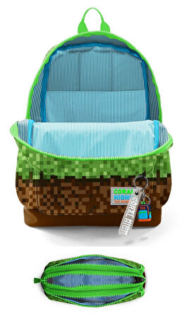 Coral High İlkokul Erkek Çocuklarına Özel Dört Gözlü Sırt Çantası ve Kalemlik Seti- Yeşil Kahverengi Craft