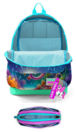 Coral High İlkokul Kız Çocuklarına Özel Dört Gözlü Sırt Çantası ve Kalemlik Seti- Su Yeşili Denizatı