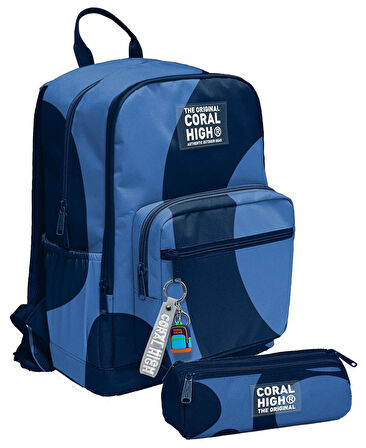 Coral High Erkek Çocuk Dört Gözlü Okul Sırt Çantası ve  Kalemlik Seti - Lacivert Mavi Renkli Çizgili - İlkokul ve Ortaokul İçin Uygun