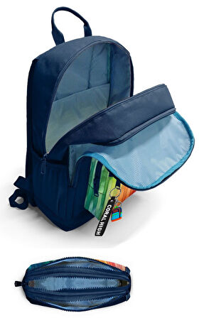 Coral High Erkek Çocuk Dört Gözlü Okul Sırt Çantası ve  Kalemlik Seti - Lacivert Çok Renkli Çizgi Desenli - İlkokul ve Ortaokul İçin Uygun