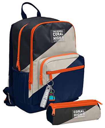 Coral High Erkek Çocuk Dört Gözlü Okul Sırt Çantası ve  Kalemlik Seti - Lacivert Bej Renkli Çizgili - İlkokul ve Ortaokul İçin Uygun