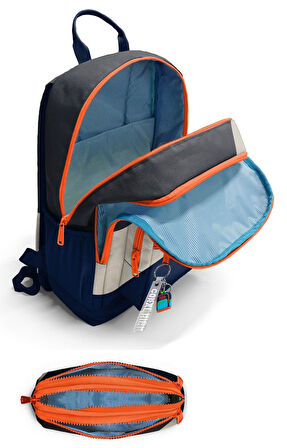 Coral High Erkek Çocuk Dört Gözlü Okul Sırt Çantası ve  Kalemlik Seti - Lacivert Bej Renkli Çizgili - İlkokul ve Ortaokul İçin Uygun