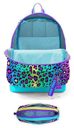 Coral High İlkokul Kız Çocuklarına Özel Dört Gözlü Sırt Çantası ve Kalemlik Seti- Yeşil Mor Leopar