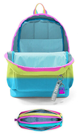 Coral High İlkokul Kız Çocuklarına Özel Dört Gözlü Sırt Çantası ve Kalemlik Seti- Pembe Turuncu Renk Geçişli