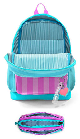 Coral High İlkokul Kız Çocuklarına Özel Dört Gözlü Sırt Çantası ve Kalemlik Seti- Turkuaz Pembe Çizgili