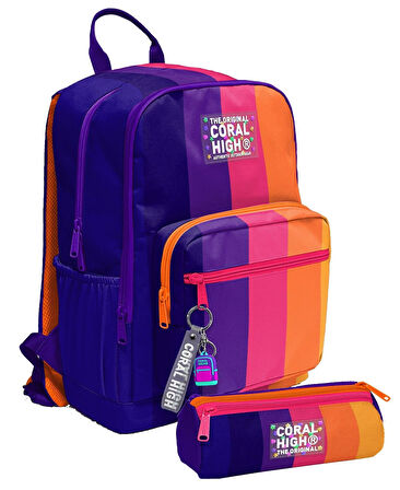 Coral High Kız Çocuk Dört Gözlü Okul Sırt Çantası ve  Kalemlik Seti - Mor Turuncu Renkli Çizgili - İlkokul ve Ortaokul İçin Uygun
