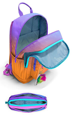 Coral High Kız Çocuk Dört Gözlü Okul Sırt Çantası ve  Kalemlik Seti - Turuncu Mor Renk Geçişli - İlkokul ve Ortaokul İçin Uygun