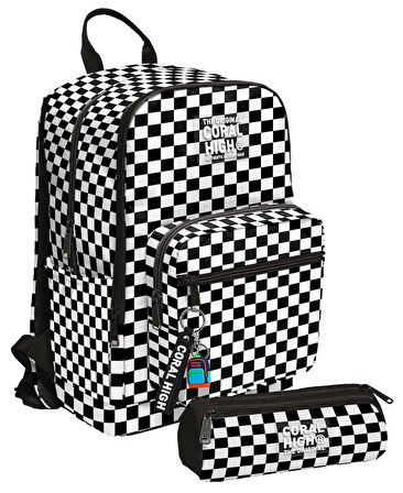 Coral High Kız Çocuk Dört Gözlü Okul Sırt Çantası ve  Kalemlik Seti - Siyah Beyaz Damalı - İlkokul ve Ortaokul İçin Uygun