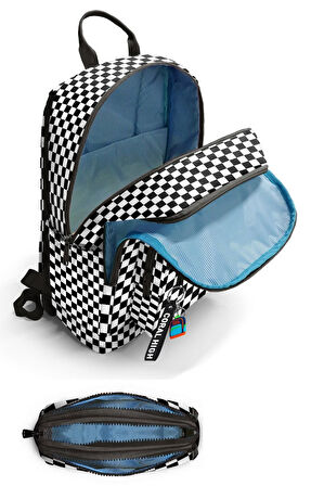 Coral High Kız Çocuk Dört Gözlü Okul Sırt Çantası ve  Kalemlik Seti - Siyah Beyaz Damalı - İlkokul ve Ortaokul İçin Uygun