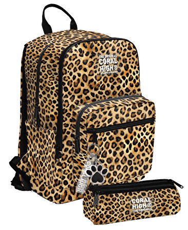 Coral High Kız Çocuk Dört Gözlü Okul Sırt Çantası ve  Kalemlik Seti - Kahverengi Leopar - İlkokul ve Ortaokul İçin Uygun