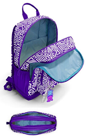 Coral High Kız Çocuk Dört Gözlü Okul Sırt Çantası ve  Kalemlik Seti - Mor Beyaz Geometrik Şekiller - İlkokul ve Ortaokul İçin Uygun