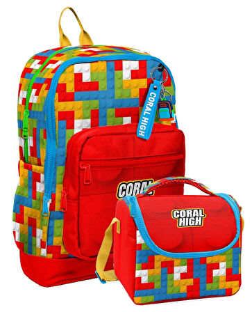 Coral High Erkek Çocuklar İçin Dayanıklı İkili İlk Okul Çanta Seti  - Kırmızı Yapı Blokları