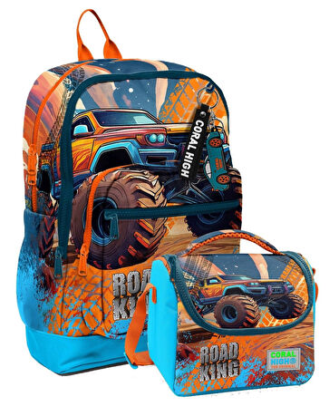 Coral High Erkek Çocuklar İçin Dayanıklı İkili İlk Okul Çanta Seti  - Mavi Turuncu Arazi Aracı