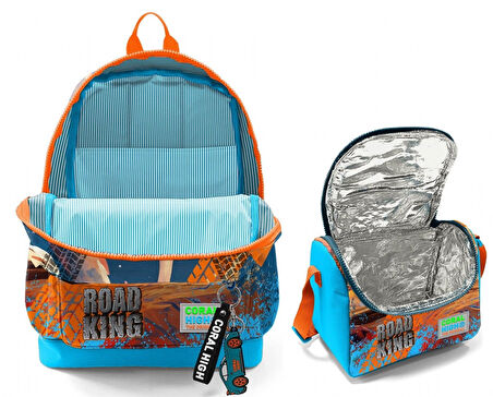 Coral High Erkek Çocuklar İçin Dayanıklı İkili İlk Okul Çanta Seti  - Mavi Turuncu Arazi Aracı