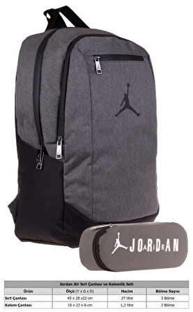 Jordan Air Arizona Okul Sırt Çantası ve Özel Bölmeli Organizer Kalemlik Seti - Erkek - Gri