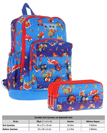 Kaukko Kids Erkek Çocuk Mavi Kırmızı Okul Çantası ve Üç Bölmeli Kalemlik Seti - Silikon Aksesuarlı