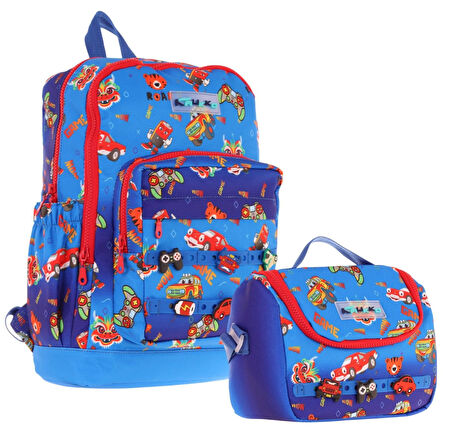 Kaukko Kids Dört Bölmeli Sırt Çantası ve Isı Yalıtımlı Beslenme Çantası Seti - Erkek Çocuk - Mavi Kırmızı