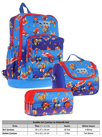 Kaukko Kids Üçlü İlkokul 1.2.3.4. Sınıf Okul Çanta Seti - Mavi Kırmızı - Erkek Çocuk - Silikon Aksesuarlı