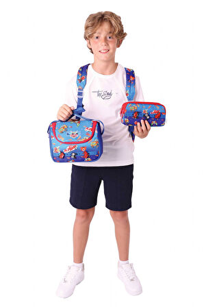 Kaukko Kids Üçlü İlkokul 1.2.3.4. Sınıf Okul Çanta Seti - Mavi Kırmızı - Erkek Çocuk - Silikon Aksesuarlı
