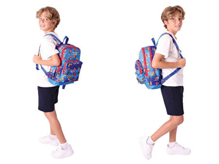 Kaukko Kids Üçlü İlkokul 1.2.3.4. Sınıf Okul Çanta Seti - Mavi Kırmızı - Erkek Çocuk - Silikon Aksesuarlı