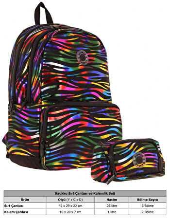 Kaukko Shine Kız Çocuk Zebra Desenli Siyah Çok Renkli İlkokul, Ortaokul Sırt Çantası ve Kalemlik Seti