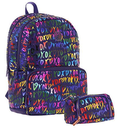 Kaukko Shine Kız Çocuk XOXO Desenli Lacivert İlkokul, Ortaokul Sırt Çantası ve Kalemlik Seti