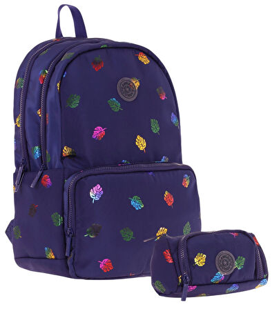 Kaukko Shine Kız Çocuk Yaprak Desenli Lacivert İlkokul, Ortaokul Sırt Çantası ve Kalemlik Seti