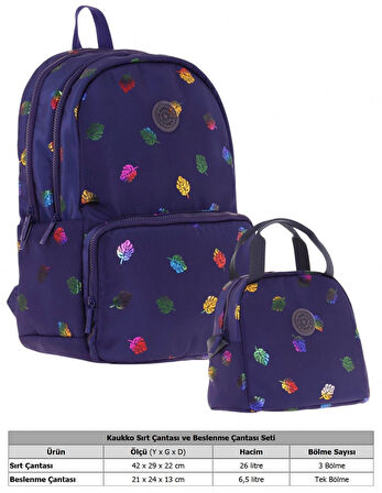 Kaukko Shine Yaprak Desenli Lacivert Kız Çocuk Okul Sırt Çantası ve Beslenme Çantası Seti