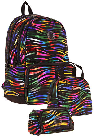 Kaukko Shine Siyah Çok Renkli Zebra Desenli Kız Çocuk Üçlü Okul Çanta Seti