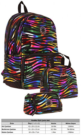 Kaukko Shine Siyah Çok Renkli Zebra Desenli Kız Çocuk Üçlü Okul Çanta Seti