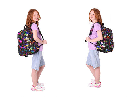 Kaukko Shine Siyah Çok Renkli Zebra Desenli Kız Çocuk Üçlü Okul Çanta Seti