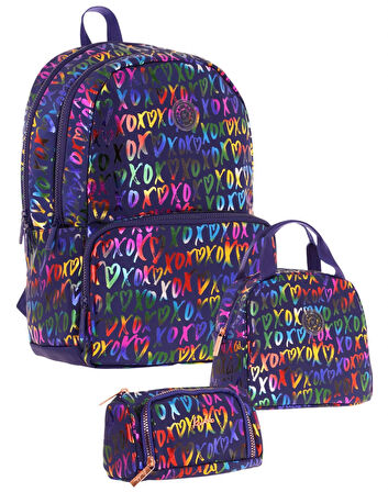 Kaukko Shine Lacivert XOXO Desenli Kız Çocuk Üçlü Okul Çanta Seti