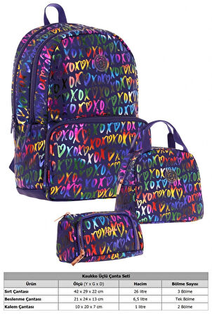 Kaukko Shine Lacivert XOXO Desenli Kız Çocuk Üçlü Okul Çanta Seti