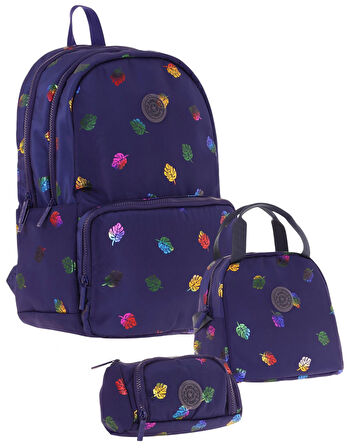 Kaukko Shine Lacivert Yaprak Desenli Kız Çocuk Üçlü Okul Çanta Seti