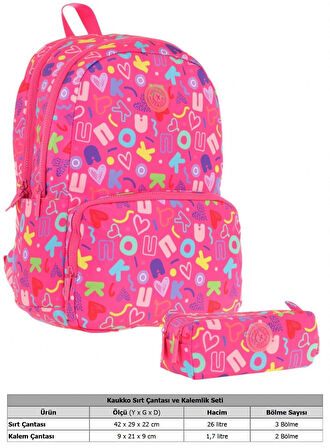 Kaukko Brokar Kalp ve Kaukko Baskılı Pembe Kız Çocuk Okul Çantası ve Kalemlik Seti