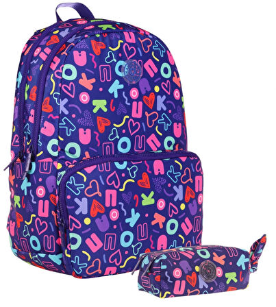 Kaukko Brokar Kalp ve Kaukko Baskılı Lacivert Kız Çocuk Okul Çantası ve Kalemlik Seti