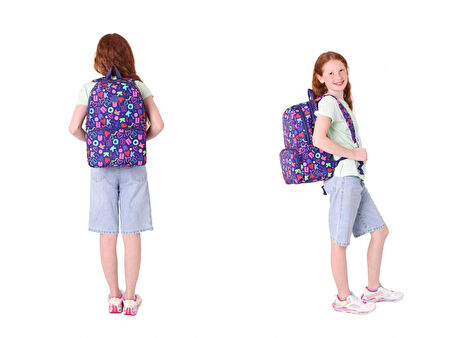 Kaukko Brokar Kalp ve Kaukko Baskılı Lacivert Kız Çocuk Okul Çantası ve Kalemlik Seti