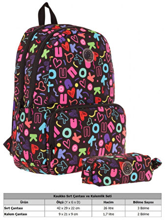 Kaukko Brokar Kalp ve Kaukko Baskılı Siyah Kız Çocuk Okul Çantası ve Kalemlik Seti