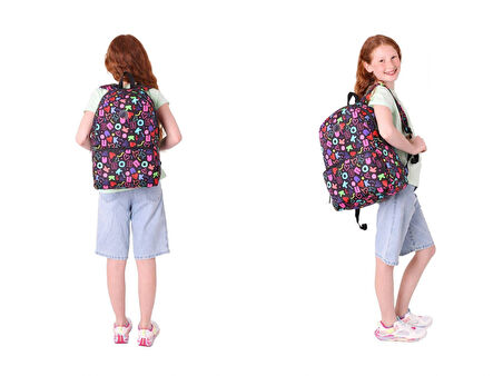 Kaukko Brokar Kalp ve Kaukko Baskılı Siyah Kız Çocuk Okul Çantası ve Kalemlik Seti