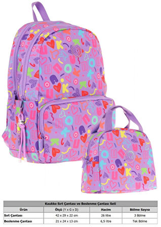 Kaukko Kız Çocuk Okul Sırt Çantası ve Beslenme Çantası Seti - Mor - Kalp ve Kaukko Baskılı