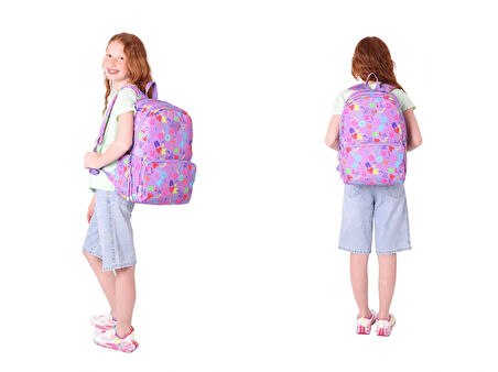 Kaukko Kız Çocuk Okul Sırt Çantası ve Beslenme Çantası Seti - Mor - Kalp ve Kaukko Baskılı