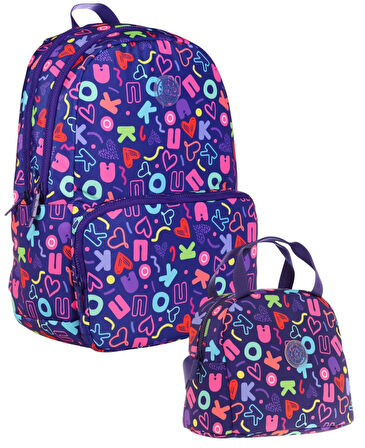 Kaukko Kız Çocuk Okul Sırt Çantası ve Beslenme Çantası Seti - Lacivert - Kalp ve Kaukko Baskılı